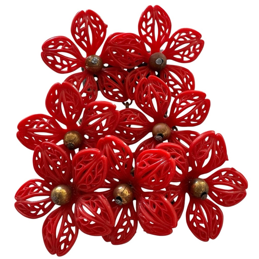 MIRIAM HASKELL Vintage 1930s Dangling Celluloid Wired Brooch Red Flowers